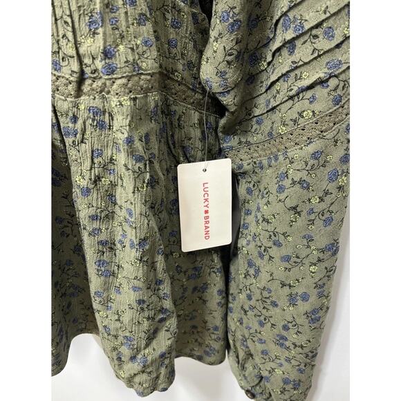 NWT Lucky Brand Blouse - Floral Print Boho Flowy Lace Trim Green Blouse -Size M - Picture 3 of 10